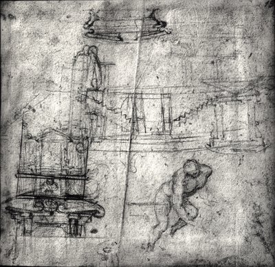 Sketch with architectural studies and a male nude by Michelangelo Buonarroti